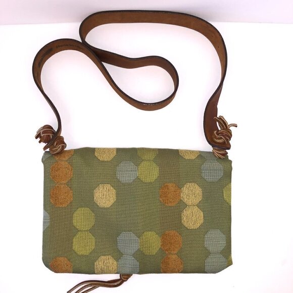 Shoulder Handbag Green Fabric Geometric Design Fold Over Leather Strap Crossbody - Picture 2 of 10